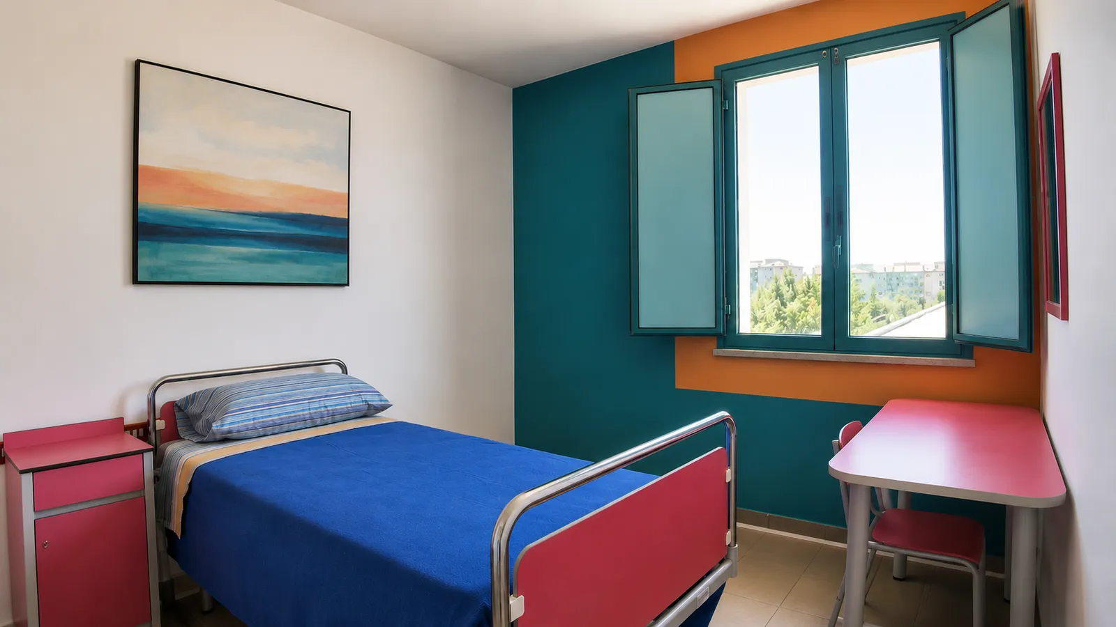 Una camera singola con bagno privato e ampia finestra